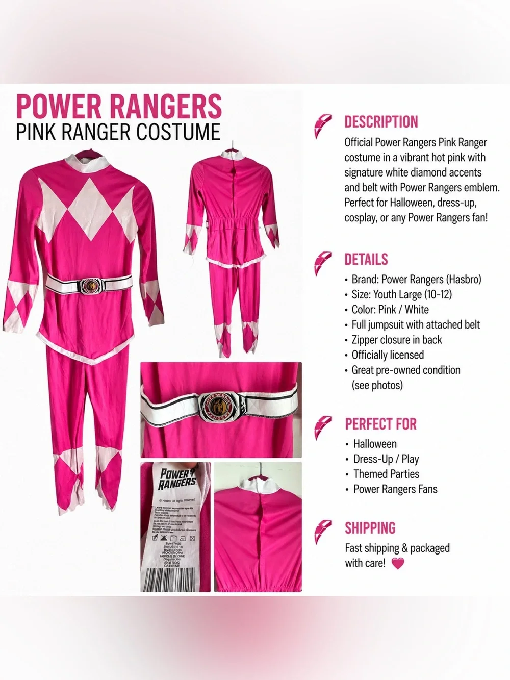 💗 Pink Power Rangers Costume Youth Large 10–12 Hasbro Halloween